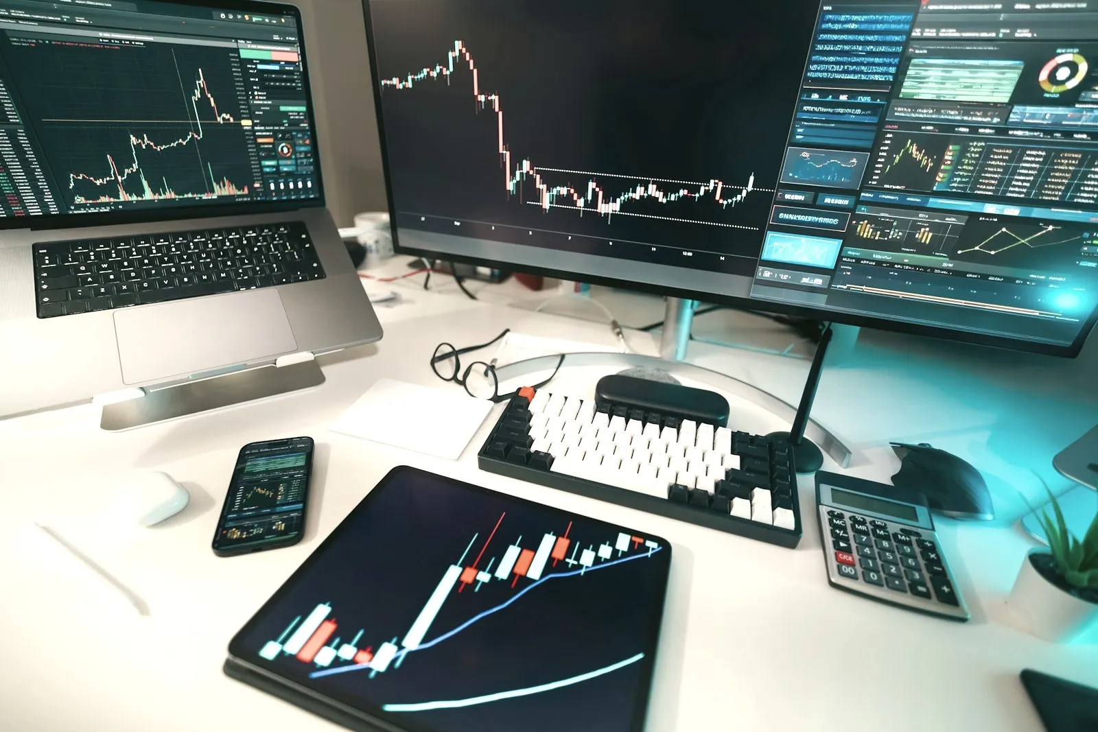 Stock charts across several monitors above a desk with a tablet and calculator