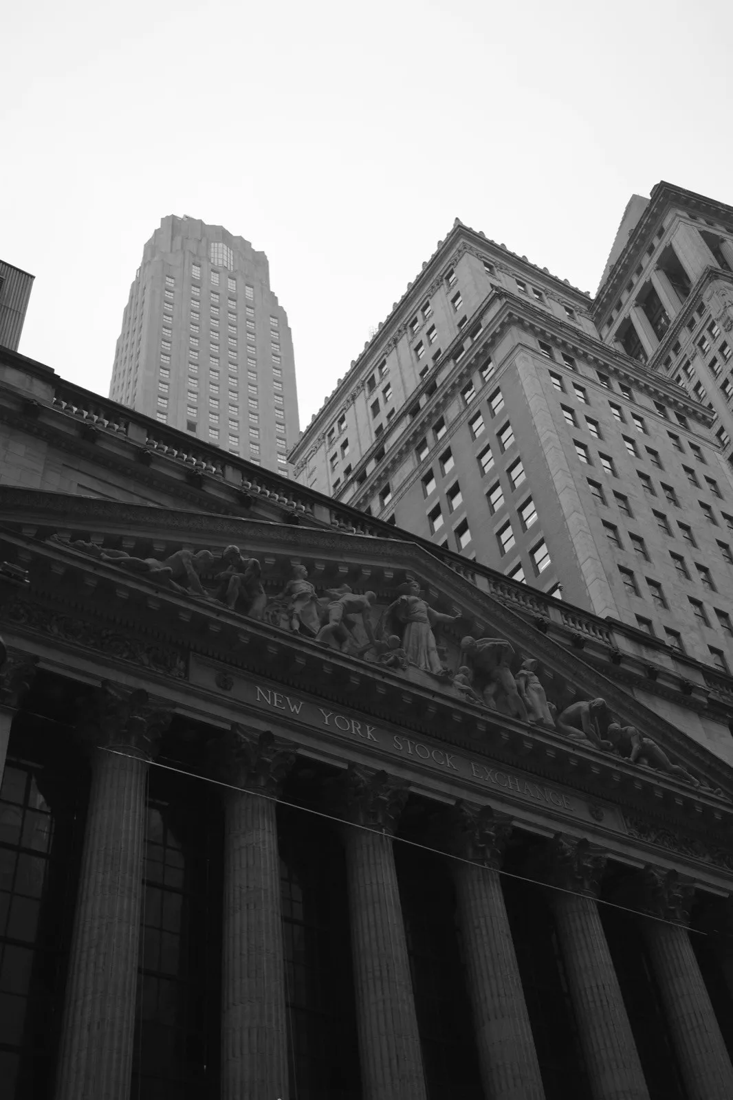 The New York Stock Exchange building in black and white